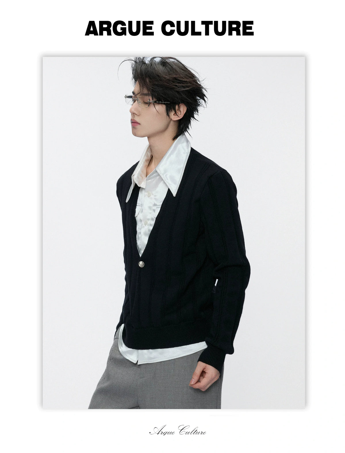 Layered Satin Collar Knit Sweater in Black & Brown - detail image 2