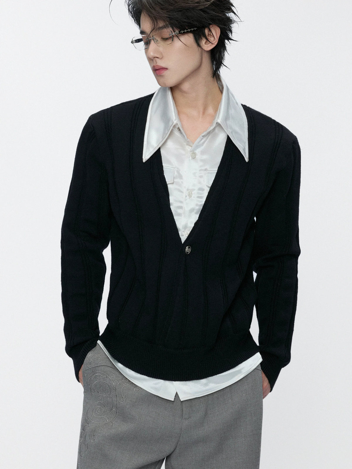 Layered Satin Collar Knit Sweater in Black & Brown - main image 5