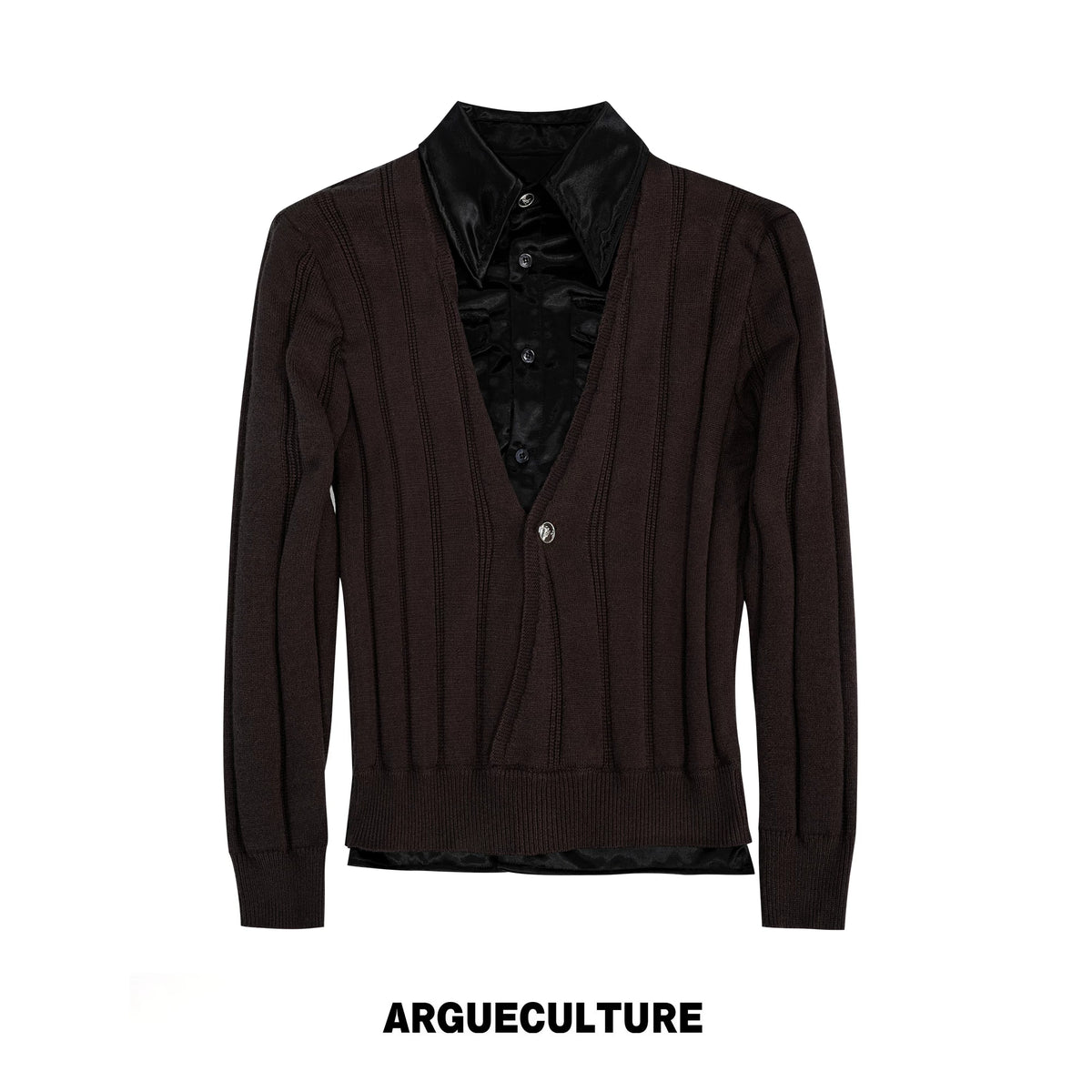 Layered Satin Collar Knit Sweater in Black & Brown - Brown