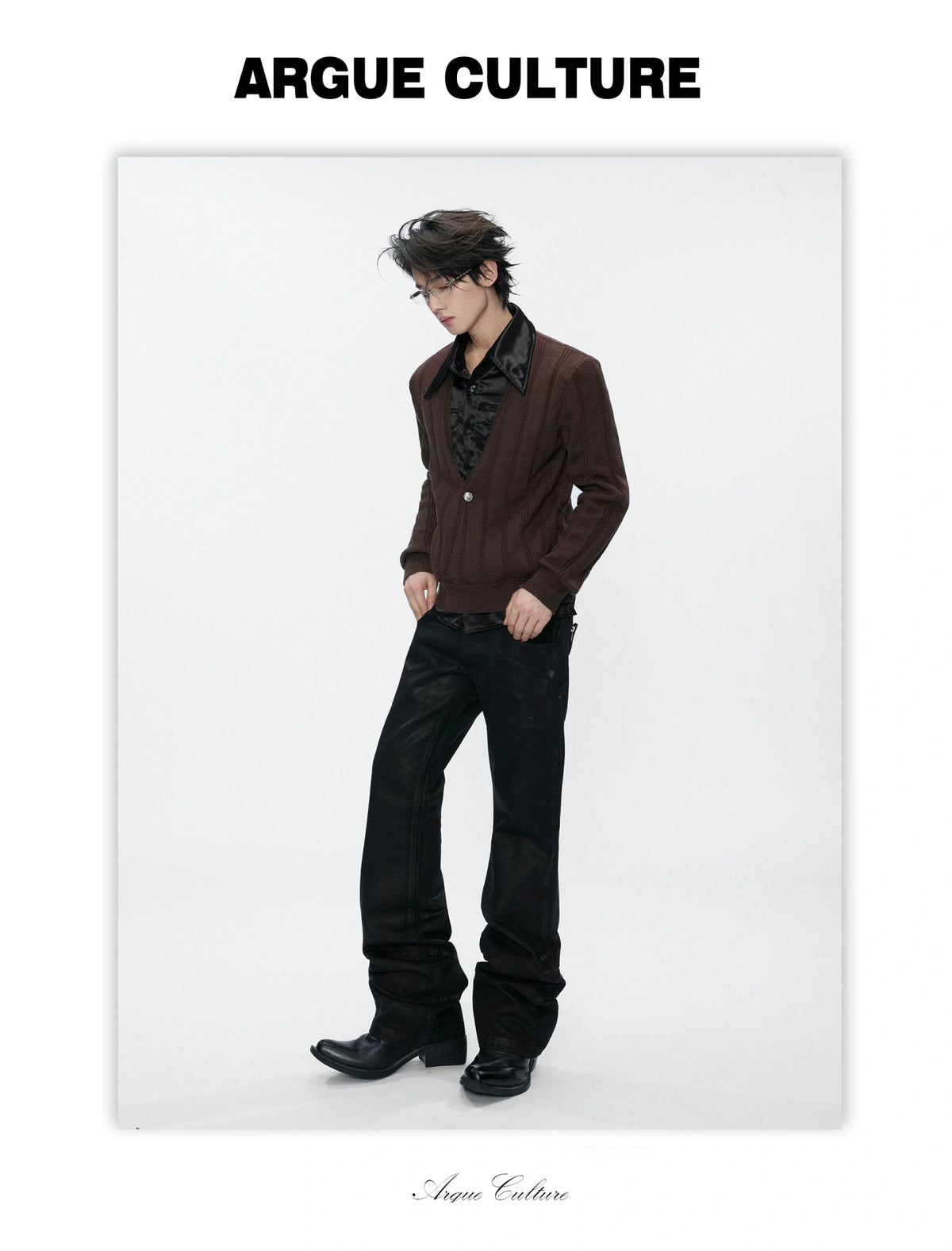 Layered Satin Collar Knit Sweater in Black & Brown - detail image 11