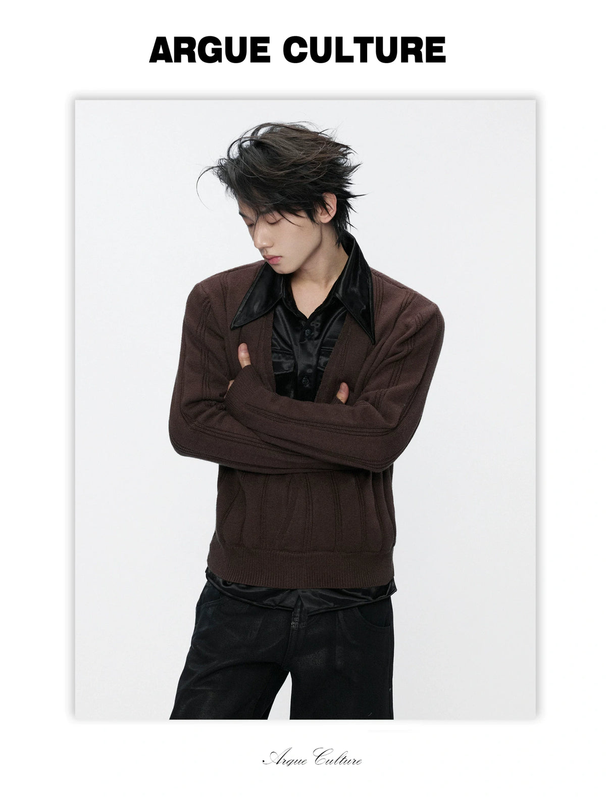 Layered Satin Collar Knit Sweater in Black & Brown - detail image 9
