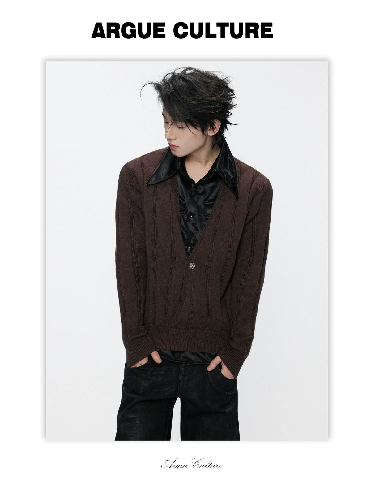 Layered Satin Collar Knit Sweater in Black & Brown - detail image 7