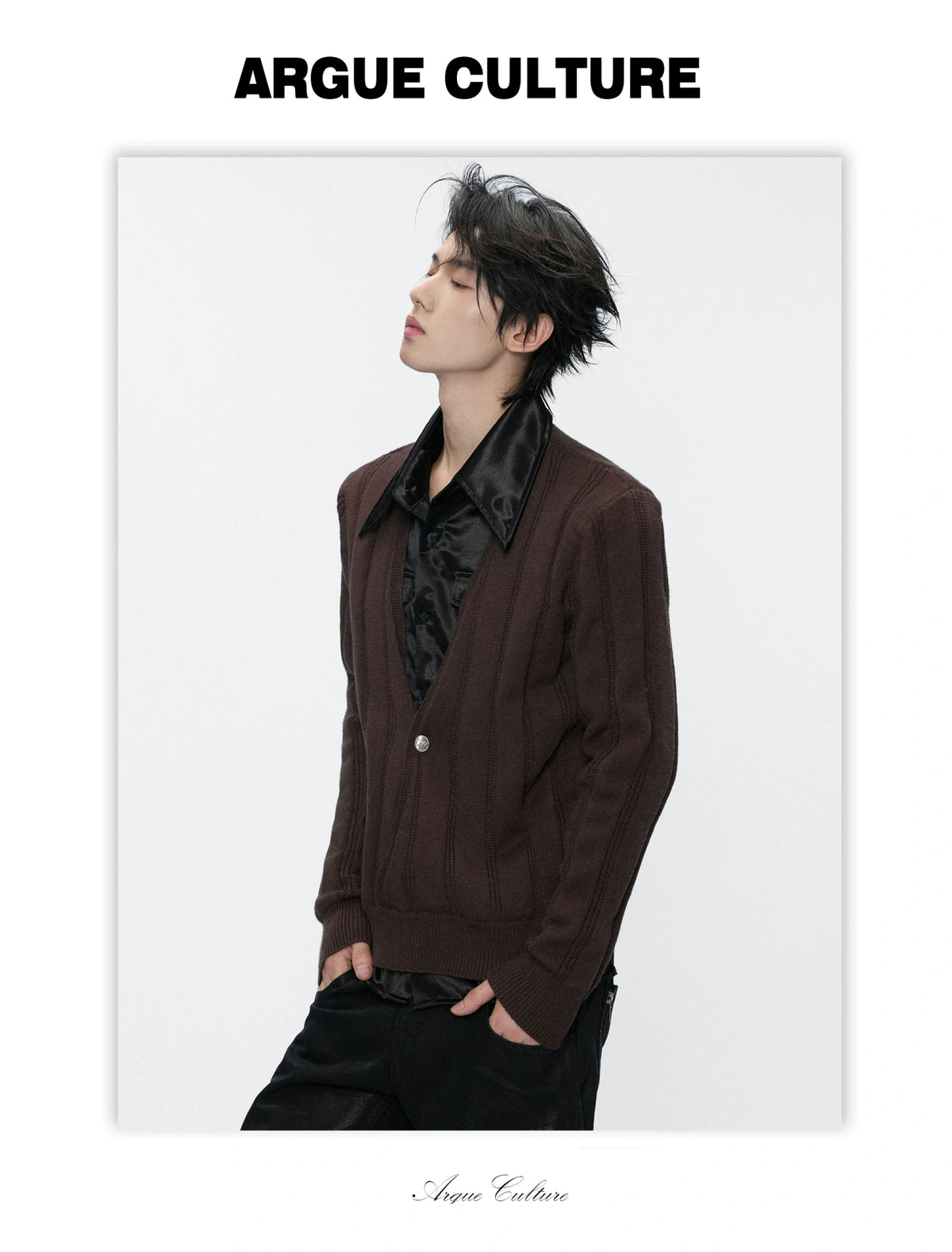 Layered Satin Collar Knit Sweater in Black & Brown - detail image 8