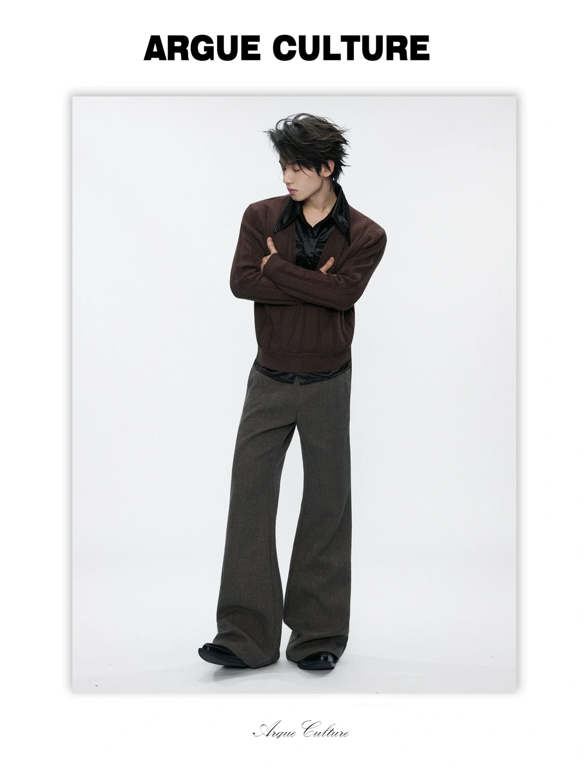 Layered Satin Collar Knit Sweater in Black & Brown - detail image 3