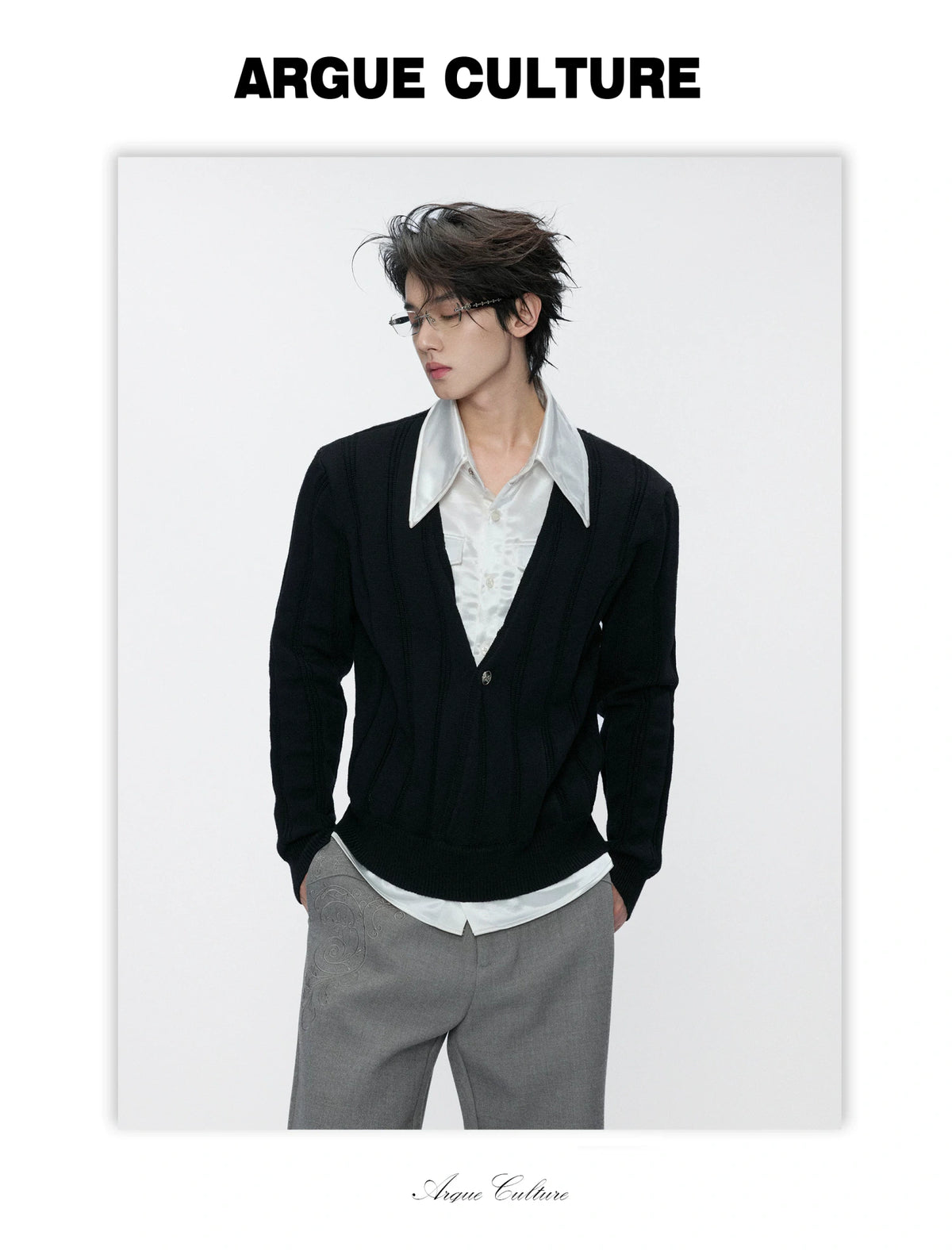 Layered Satin Collar Knit Sweater in Black & Brown - detail image 4