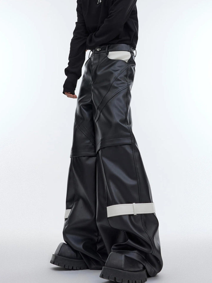 Lines Matte Faux Leather Pants | Belted Patchwork Wide - Leg Trousers - ArguE CulturE