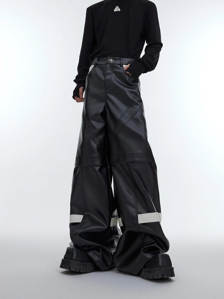 Lines Matte Faux Leather Pants | Belted Patchwork Wide - Leg Trousers - ArguE CulturE