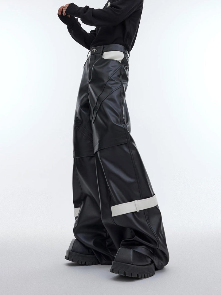 Lines Matte Faux Leather Pants | Belted Patchwork Wide - Leg Trousers - ArguE CulturE