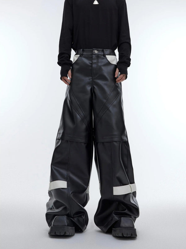 Lines Matte Faux Leather Pants | Belted Patchwork Wide - Leg Trousers - ArguE CulturE