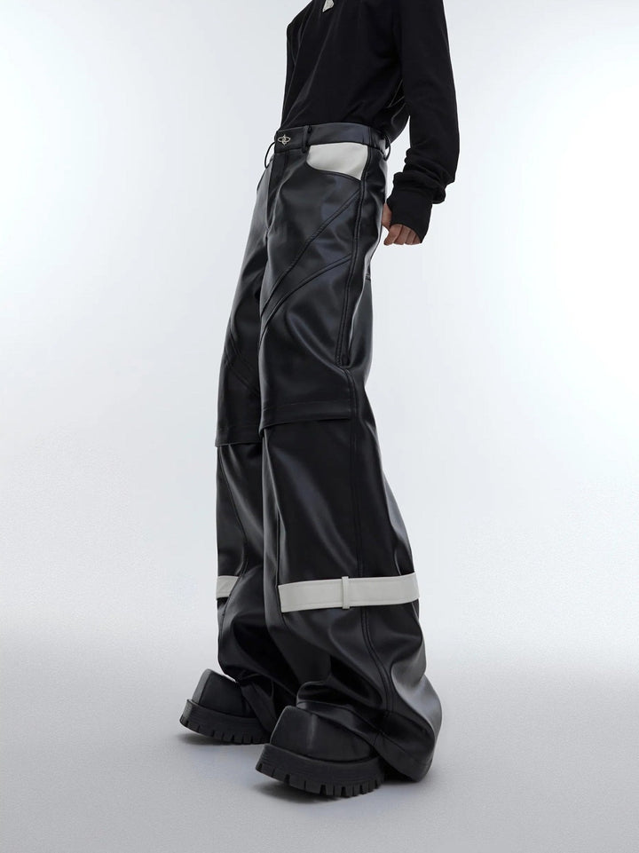 Lines Matte Faux Leather Pants | Belted Patchwork Wide - Leg Trousers - ArguE CulturE