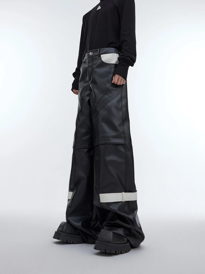 Lines Matte Faux Leather Pants | Belted Patchwork Wide - Leg Trousers - ArguE CulturE