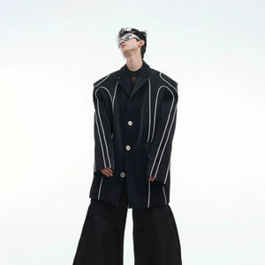 Front view of black liquid metal PU leather blazer with reflective piping