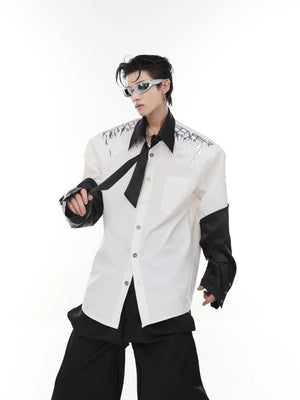 Model wearing the loose silhouette liquid metal streetwear shirt