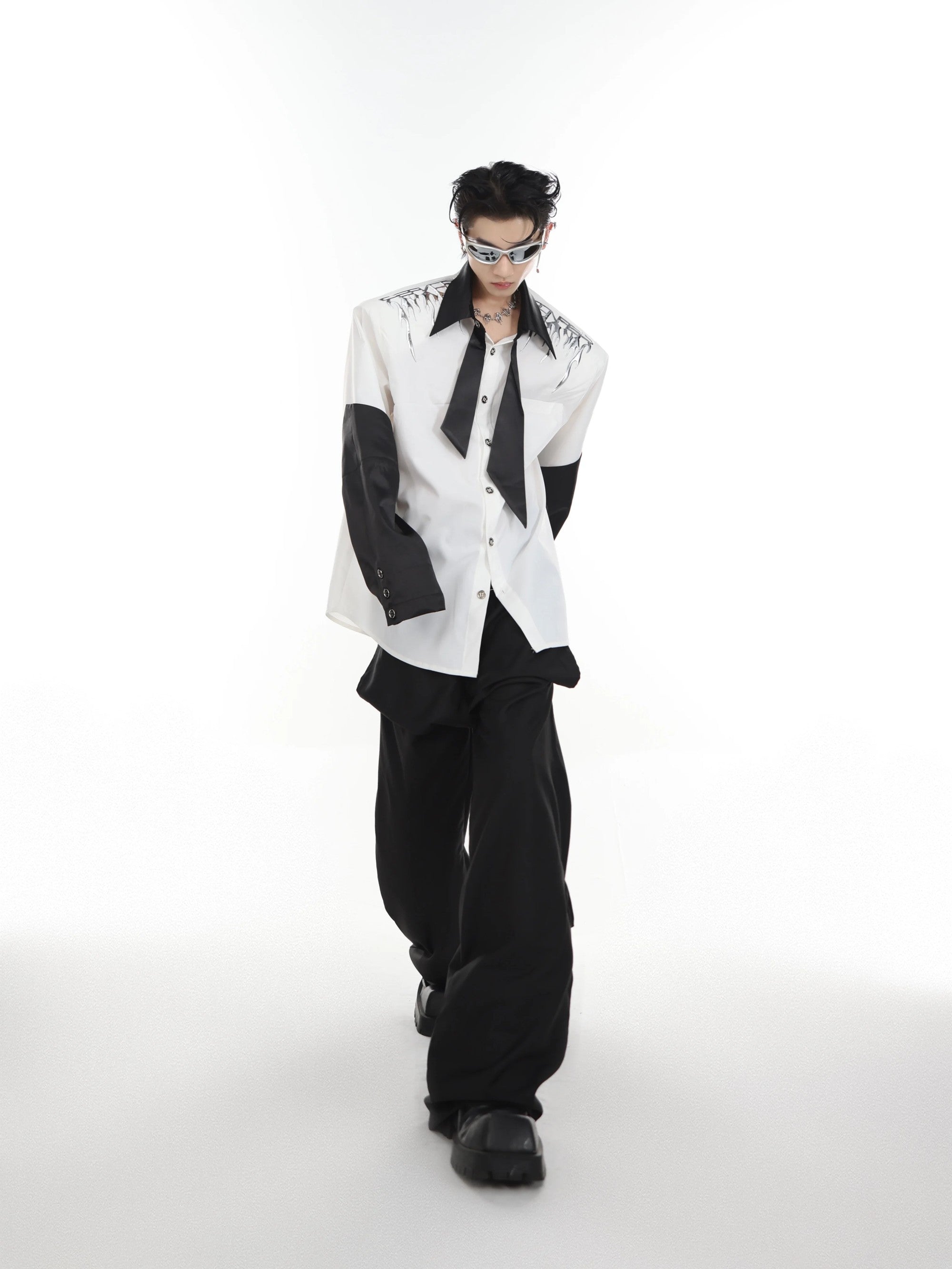 Back view of the oversized black and white contrast shirt jacket