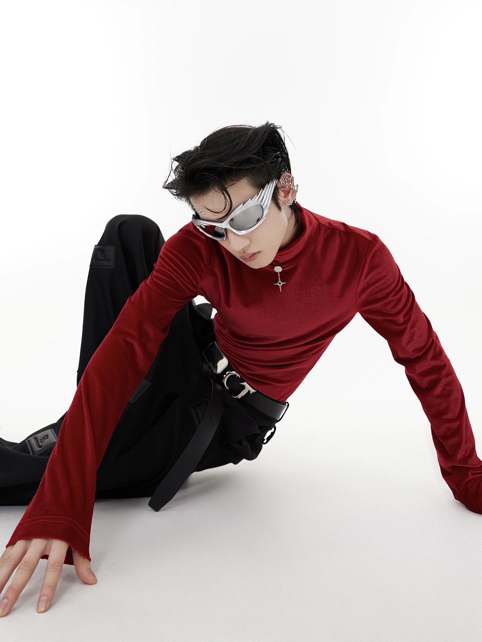 Back view of the slim fit futuristic punk long sleeve top in white.