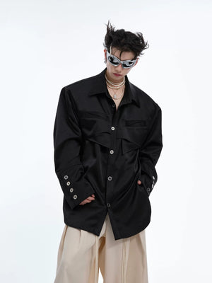 Men's liquid texture long sleeve shirt in black with a fluid drape.