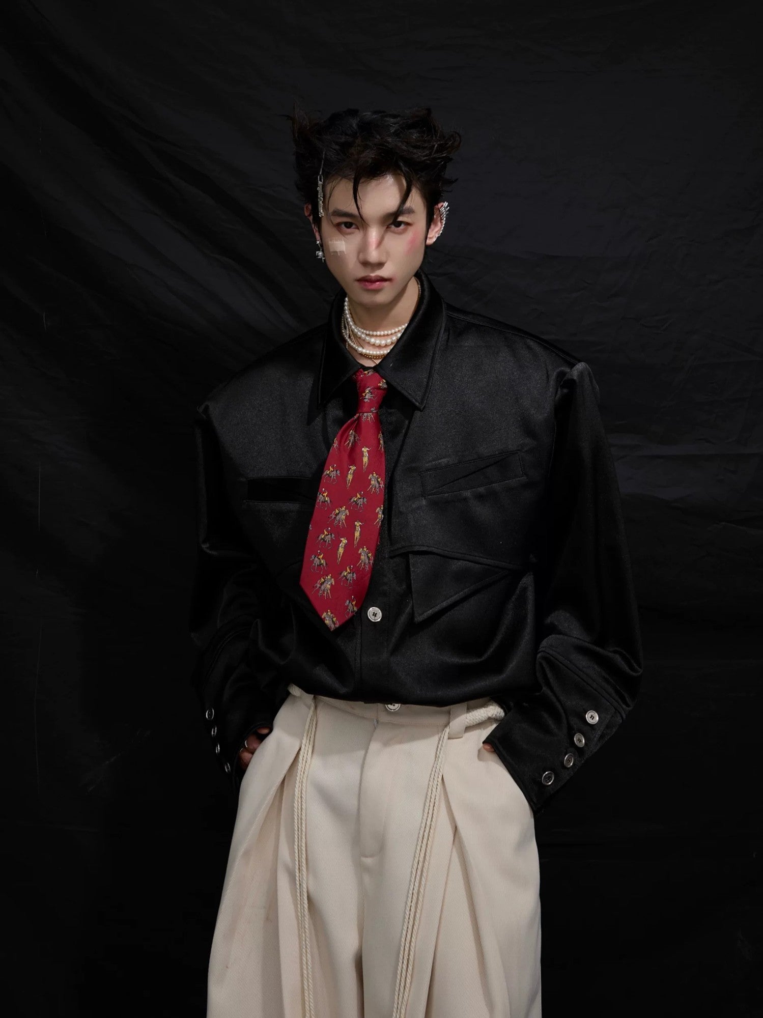 Oversized white liquid texture button-up shirt for men.