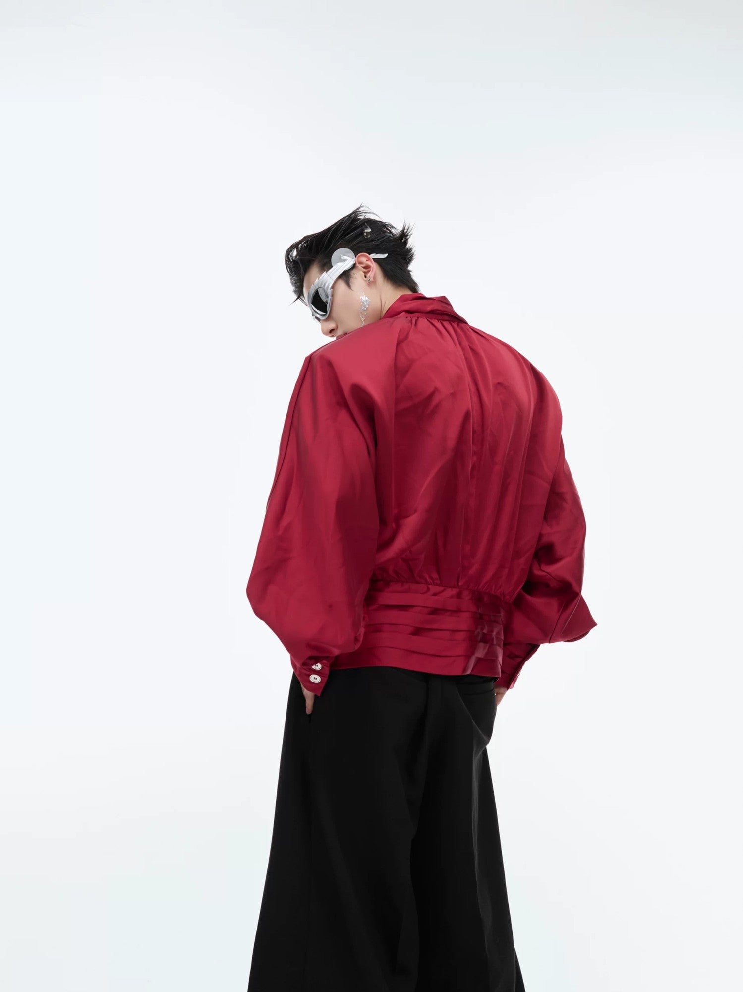 Back view of the loose fit liquid texture shirt showing the drape