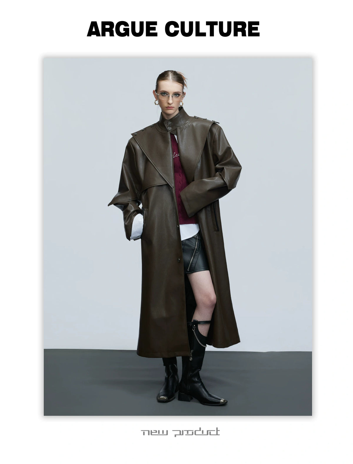 Longline Faux Leather Stand Collar Trench Coat - detail image 9
