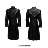 Longline Faux Leather Stand Collar Trench Coat - Black