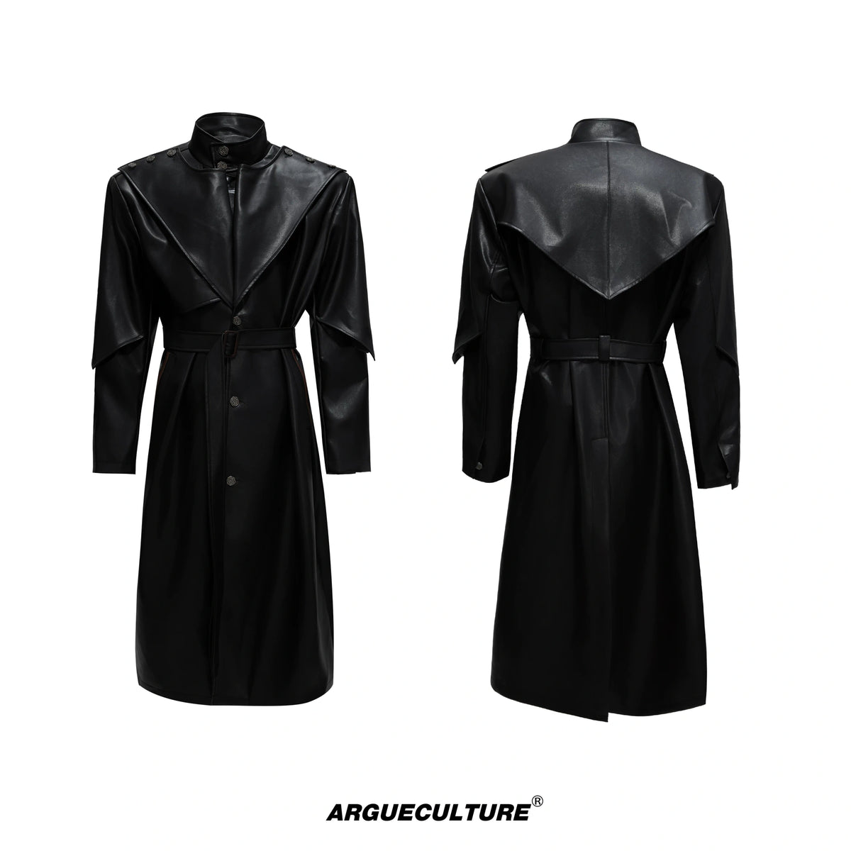 Longline Faux Leather Stand Collar Trench Coat - Black