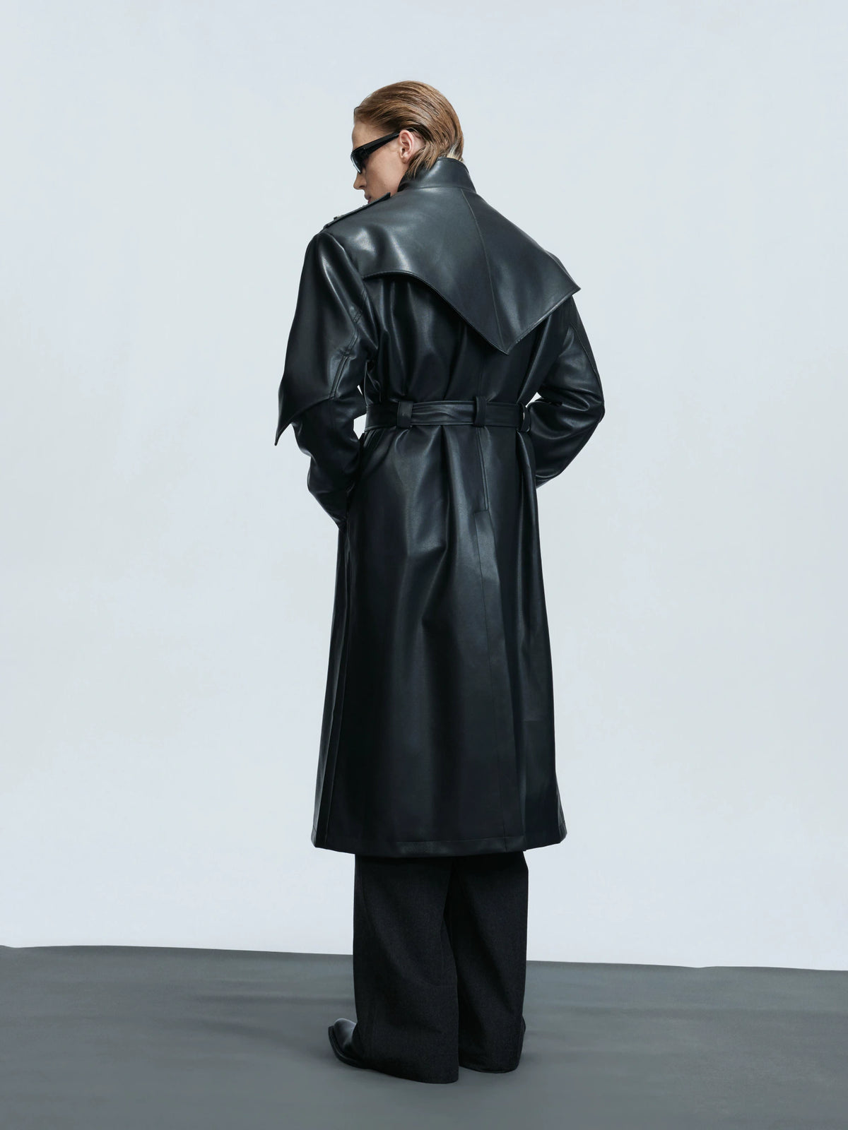 Longline Faux Leather Stand Collar Trench Coat - main image 5