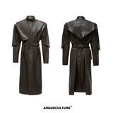 Longline Faux Leather Stand Collar Trench Coat - Brown