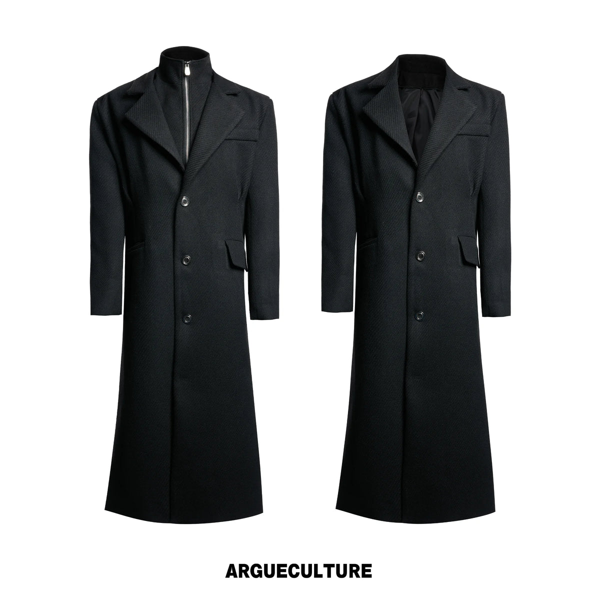 Longline Faux Two-Piece Coat with Detachable Turtleneck - Black