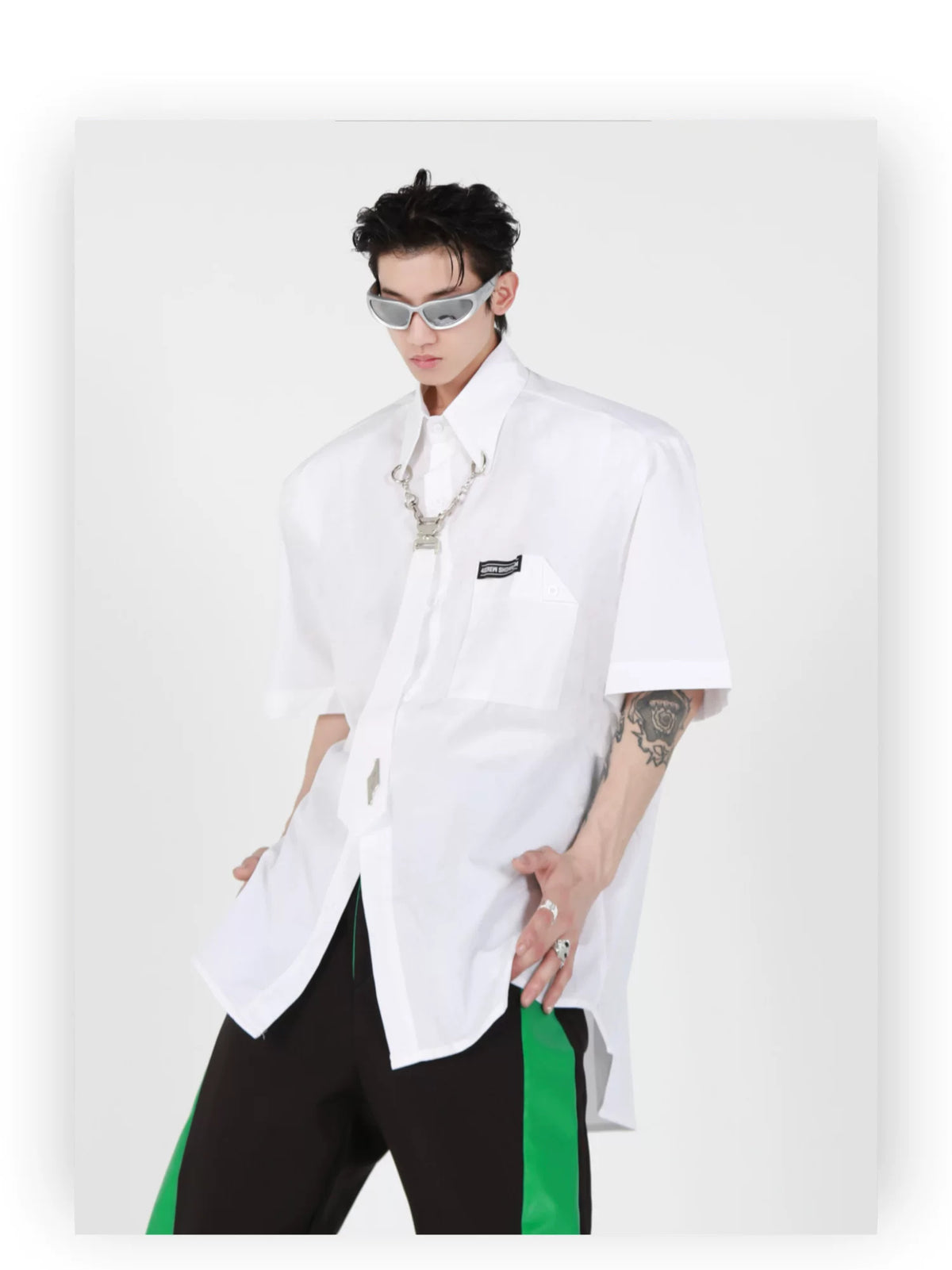 Loose Cotton Square-Collar Metal Detail Shirt in White - detail image 3