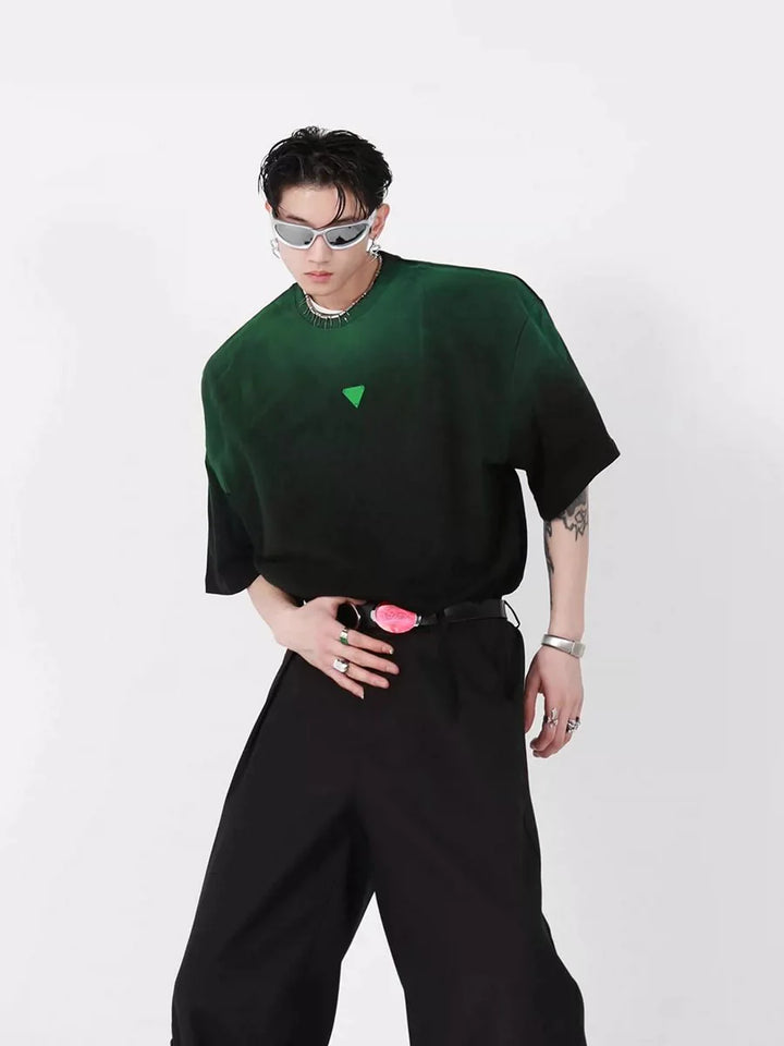 Loose Fit Black - Green Gradient Cotton T - Shirt with Geometric Print - ArguE CulturE