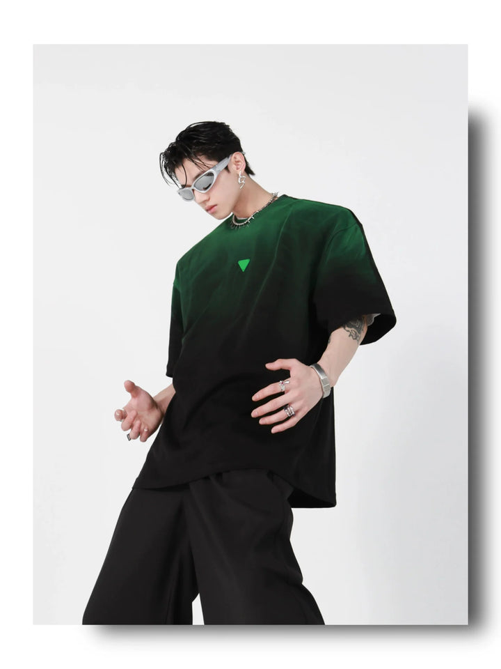 Loose Fit Black - Green Gradient Cotton T - Shirt with Geometric Print - ArguE CulturE