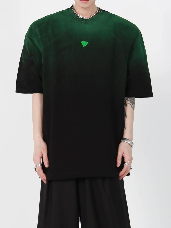 Loose Fit Black - Green Gradient Cotton T - Shirt with Geometric Print - ArguE CulturE