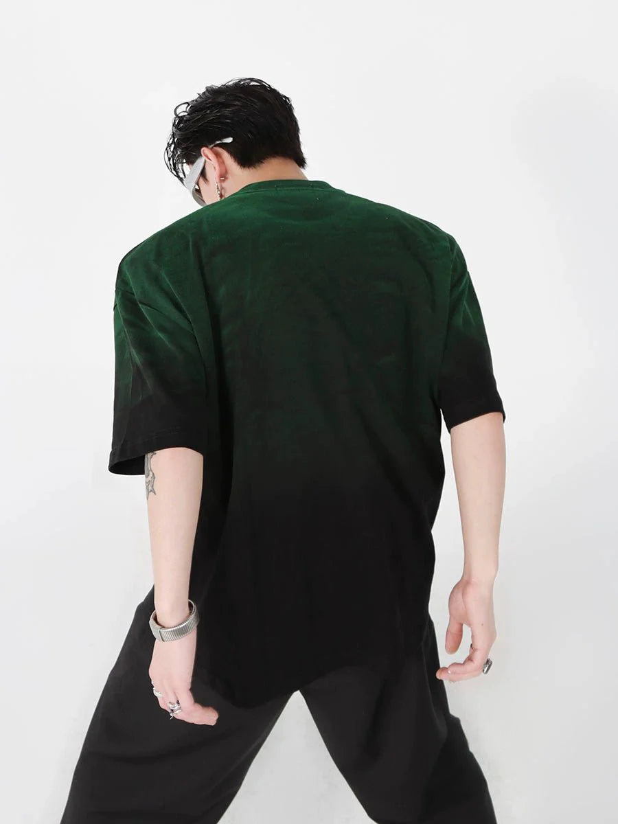 Loose Fit Black - Green Gradient Cotton T - Shirt with Geometric Print - ArguE CulturE