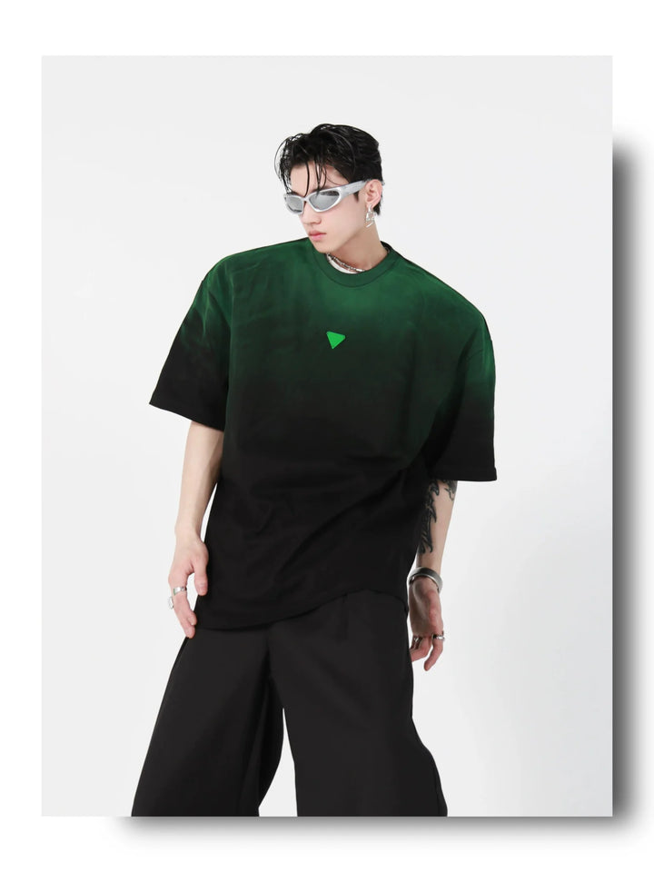 Loose Fit Black - Green Gradient Cotton T - Shirt with Geometric Print - ArguE CulturE