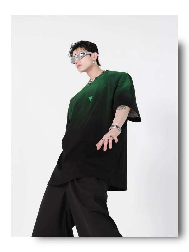 Loose Fit Black - Green Gradient Cotton T - Shirt with Geometric Print - ArguE CulturE