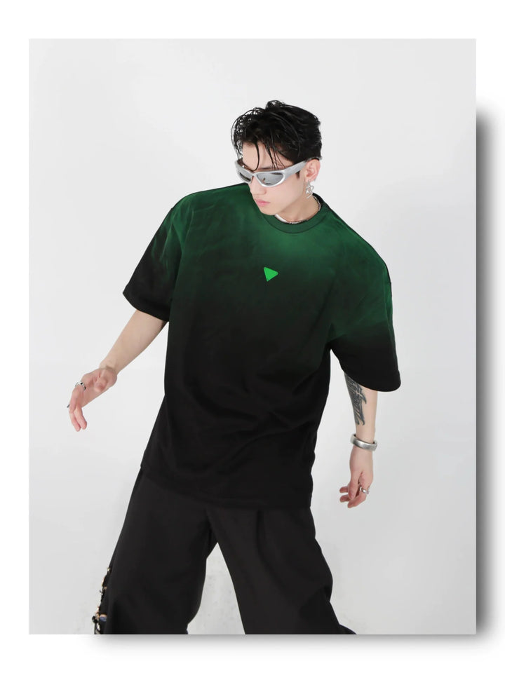 Loose Fit Black - Green Gradient Cotton T - Shirt with Geometric Print - ArguE CulturE