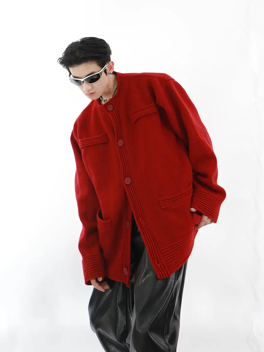 Loose-Fit Cotton-Wool Knit Button Cardigan | Unisex - Red