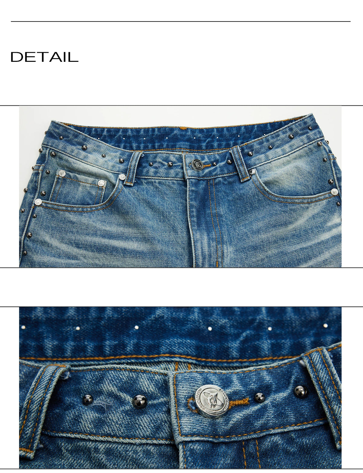 Loose Washed Studded Micro-Flare Jeans in Blue Cotton - detail image 10