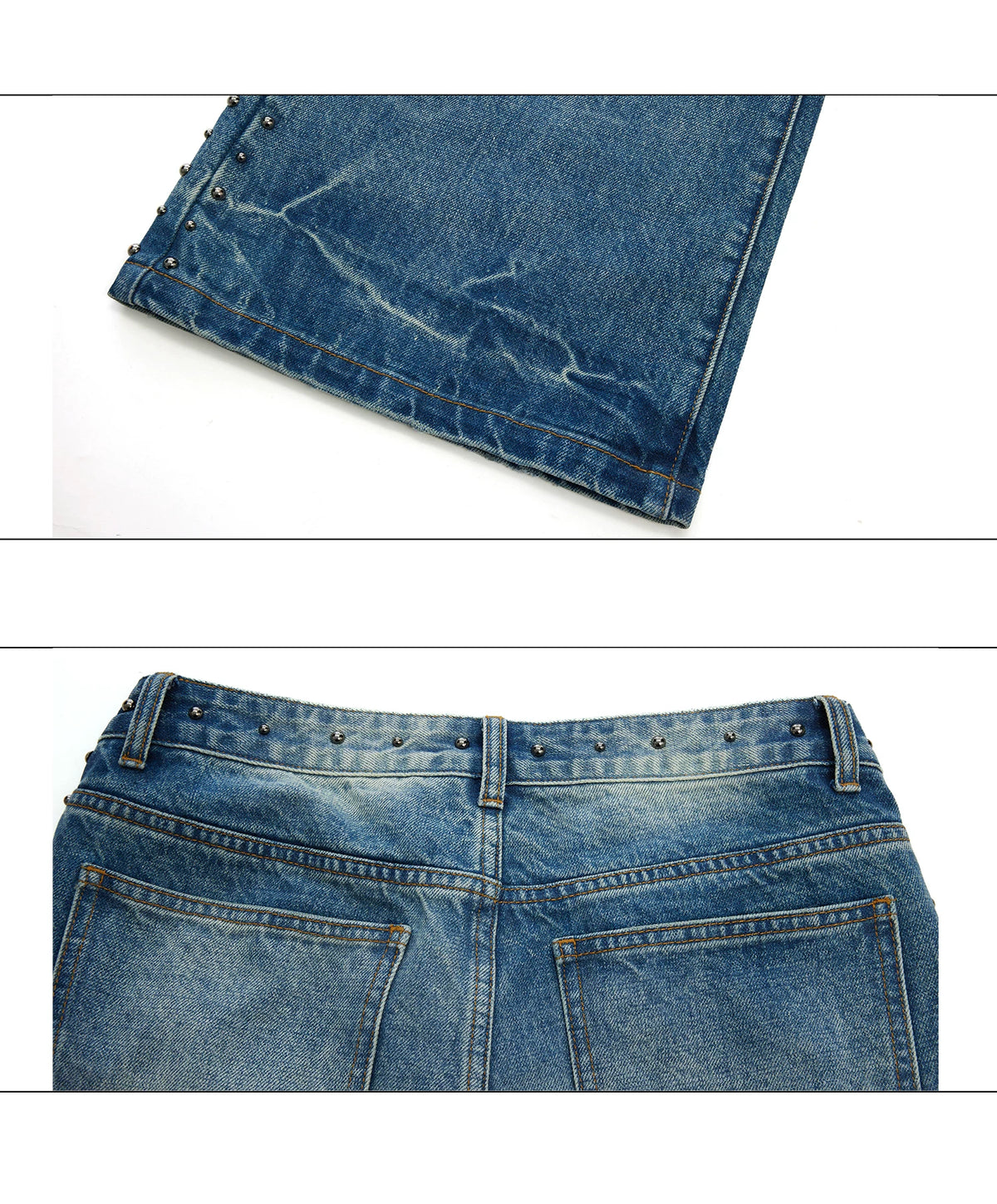 Loose Washed Studded Micro-Flare Jeans in Blue Cotton - detail image 11