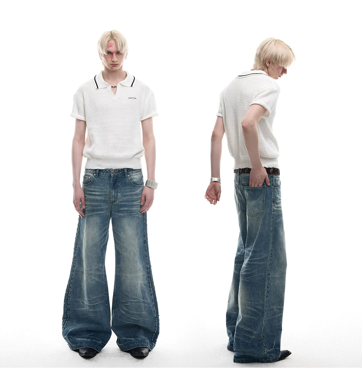 Loose Washed Studded Micro-Flare Jeans in Blue Cotton - detail image 4