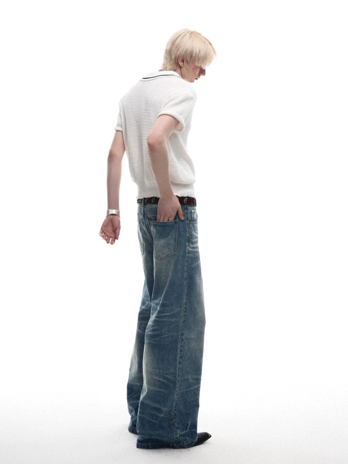 Loose Washed Studded Micro-Flare Jeans in Blue Cotton - main image 5