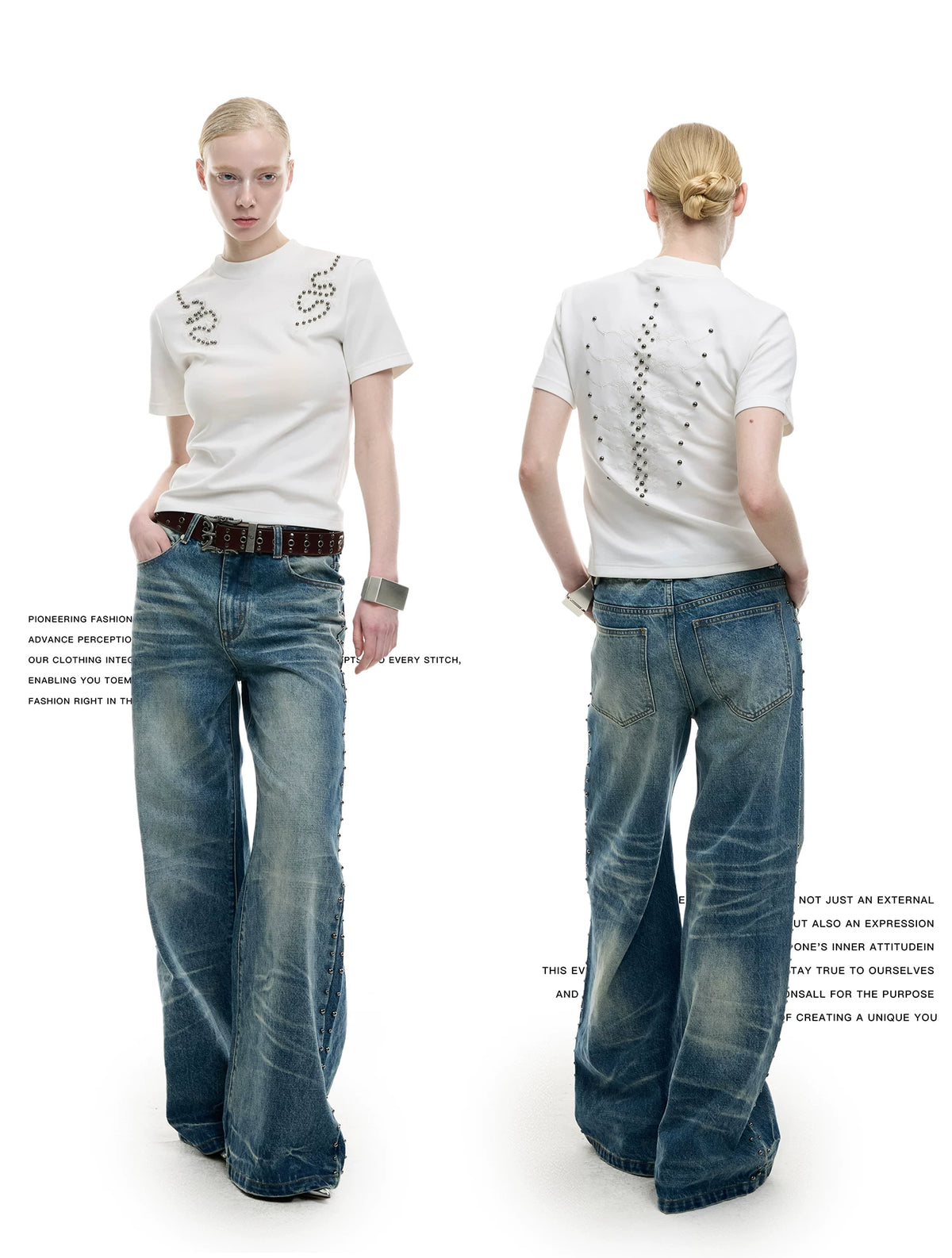 Loose Washed Studded Micro-Flare Jeans in Blue Cotton - detail image 2