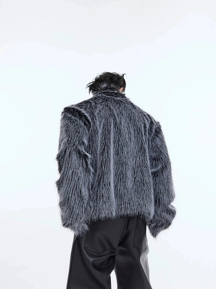 Luxurious Faux Fur Jacket with Deconstructed Collar | Avant - Garde Short Coat - ArguE CulturE