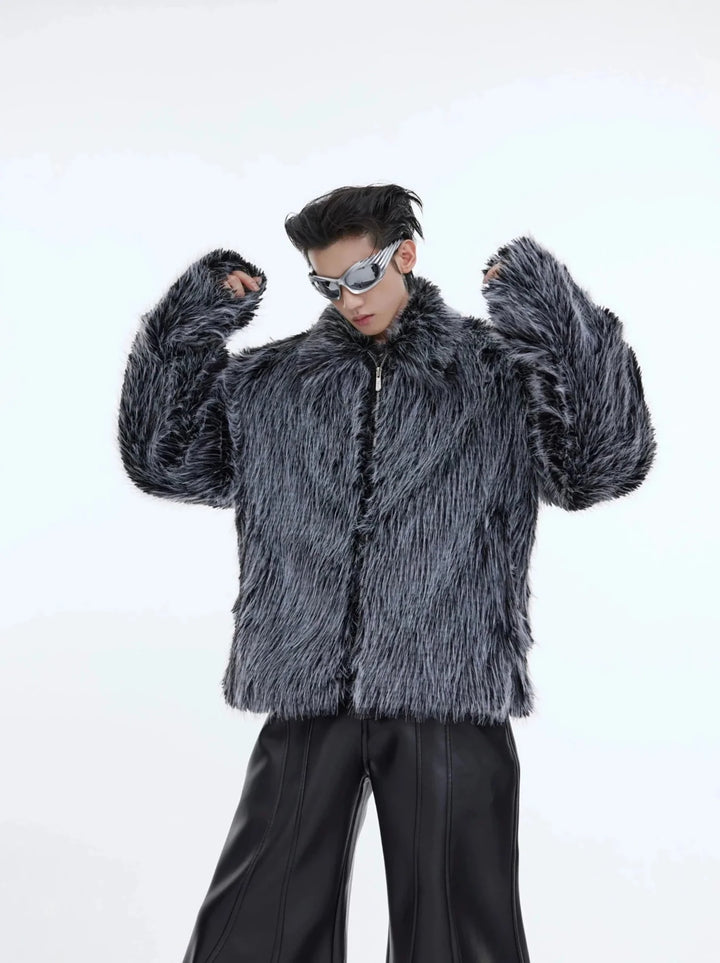 Luxurious Faux Fur Jacket with Deconstructed Collar | Avant - Garde Short Coat - ArguE CulturE