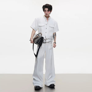 Black deconstructed denim set showing back detail and fit