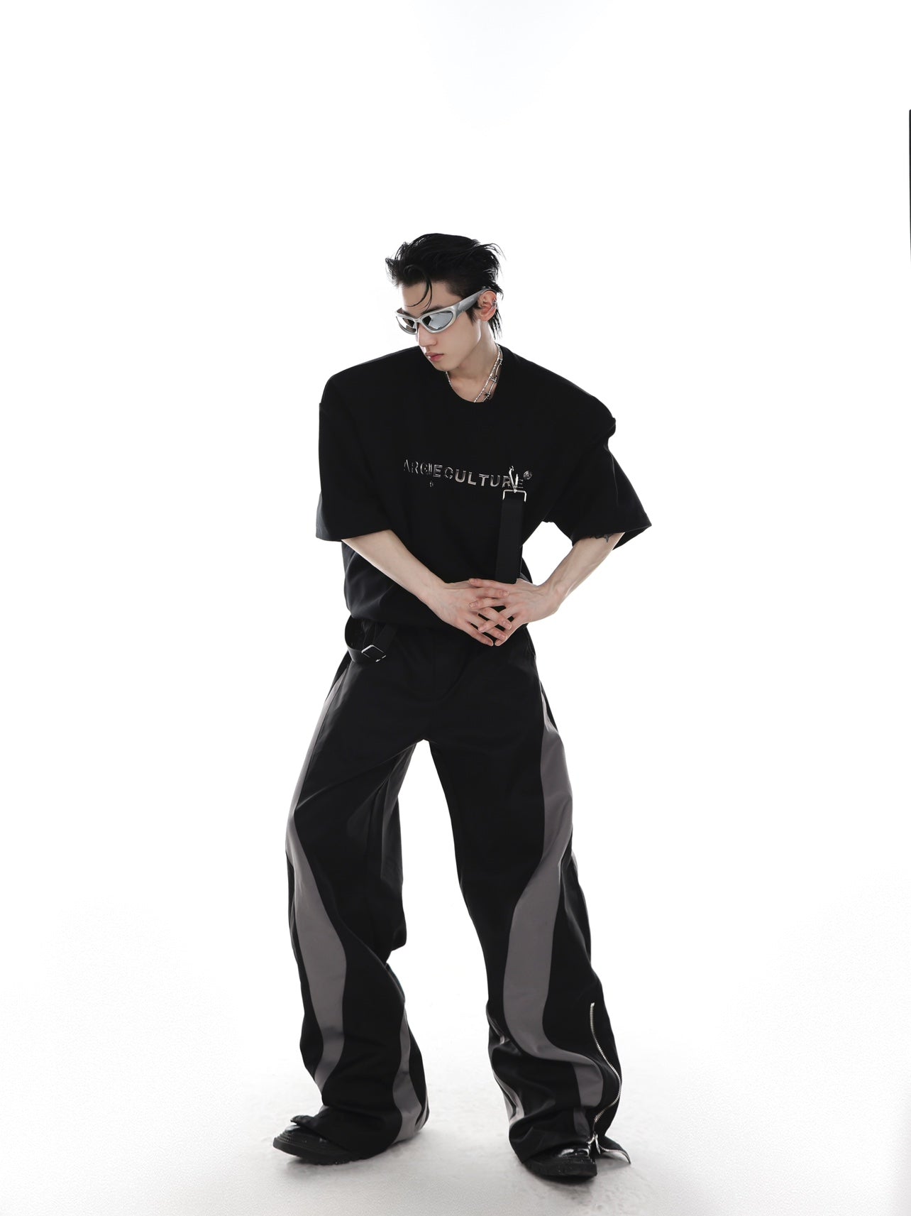 Close-up showing the three-dimensional cutting and sharp lines of this unique unisex streetwear tee