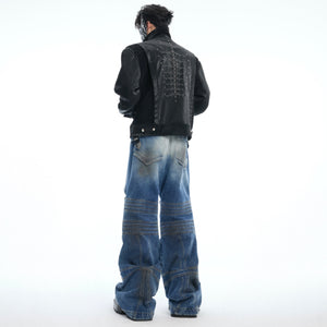 Full-length outfit styling with deconstructed cross-cut jeans for bold streetwear looks