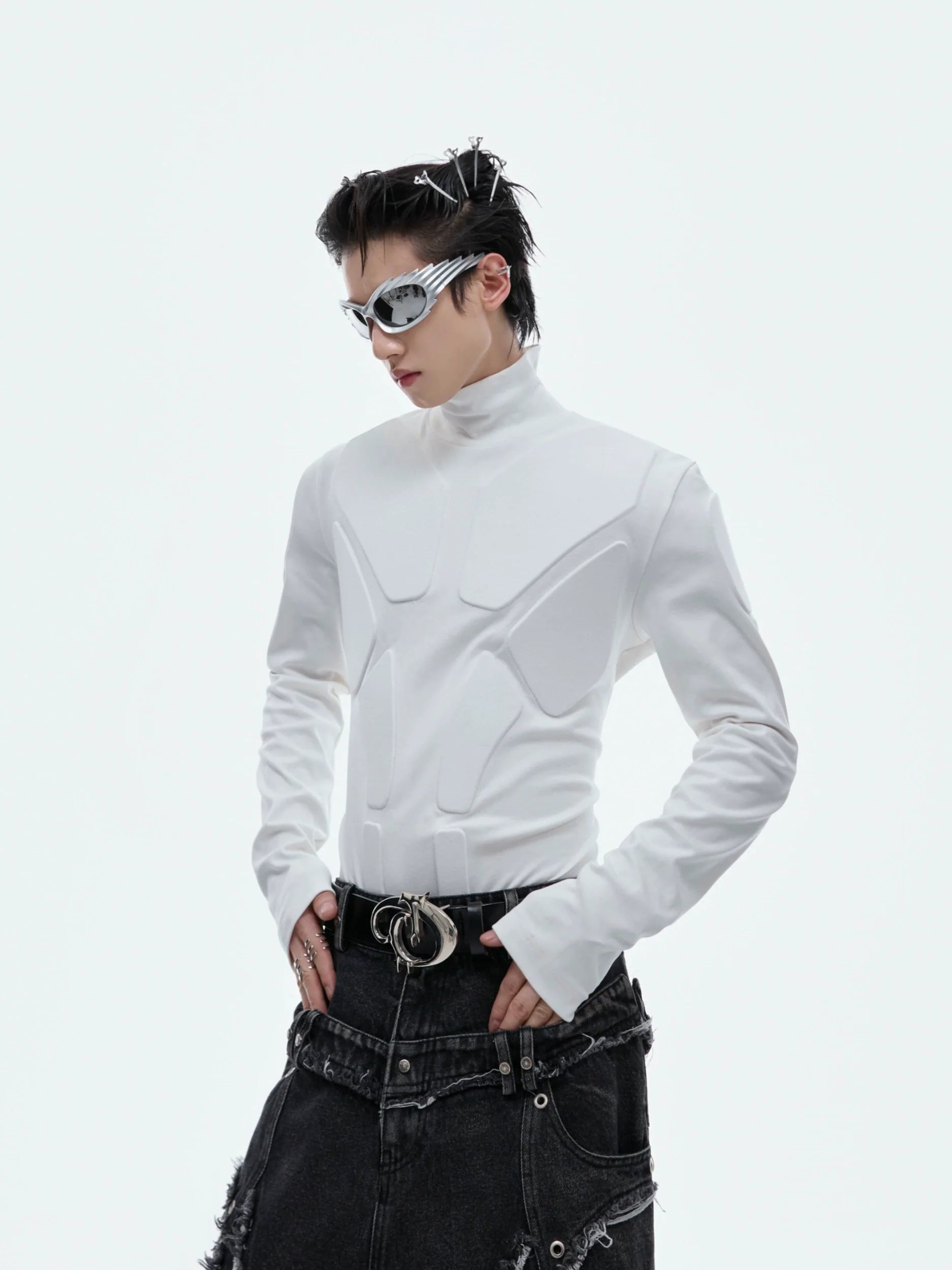 Armored black mock neck long sleeve streetwear top with deconstructed futuristic design and premium cotton blend fabric