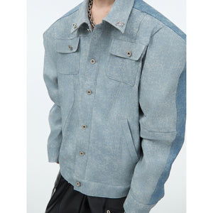 Front view of textured PU leather asymmetrical bomber jacket with edgy contemporary fashion design