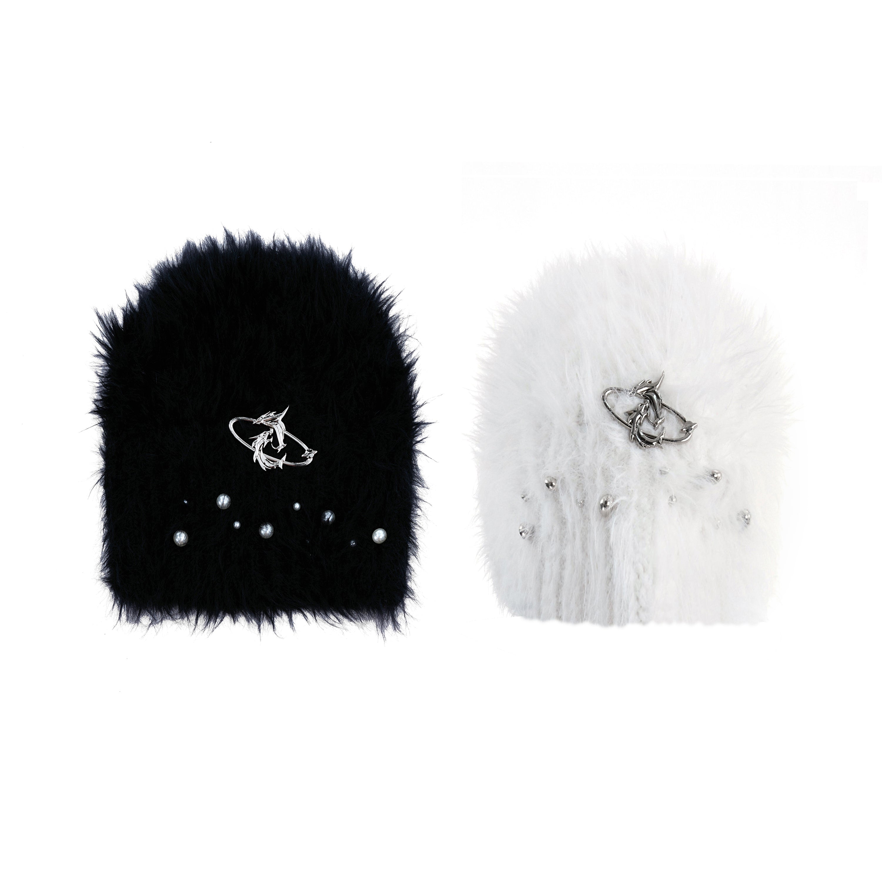 Winter beanie folded to display the elegant pearl decorations and soft cotton velvet interior